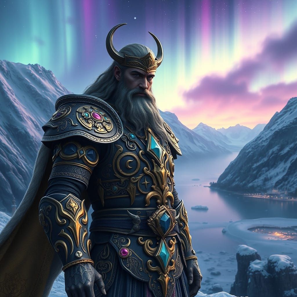 Norse God of Valhalla Standing in Majestic Fjord Landscape