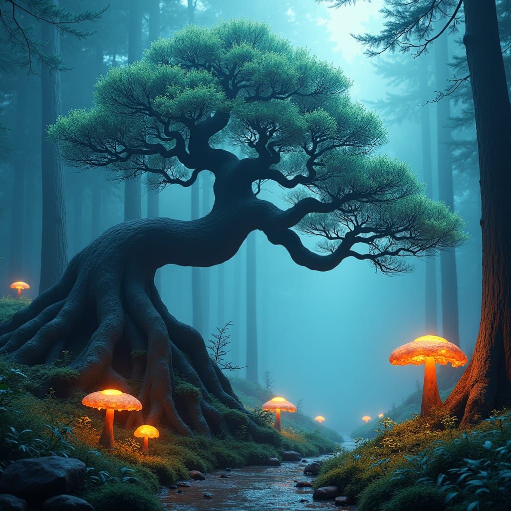 Ancient Bonsai Tree in Misty Glowing Forest
