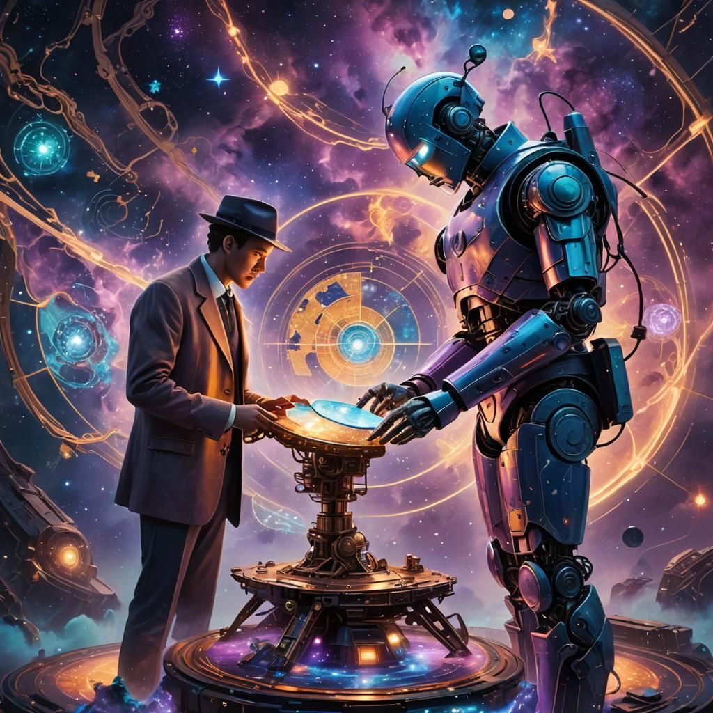 Detective and Robot Explore Astral Map in Surreal Style