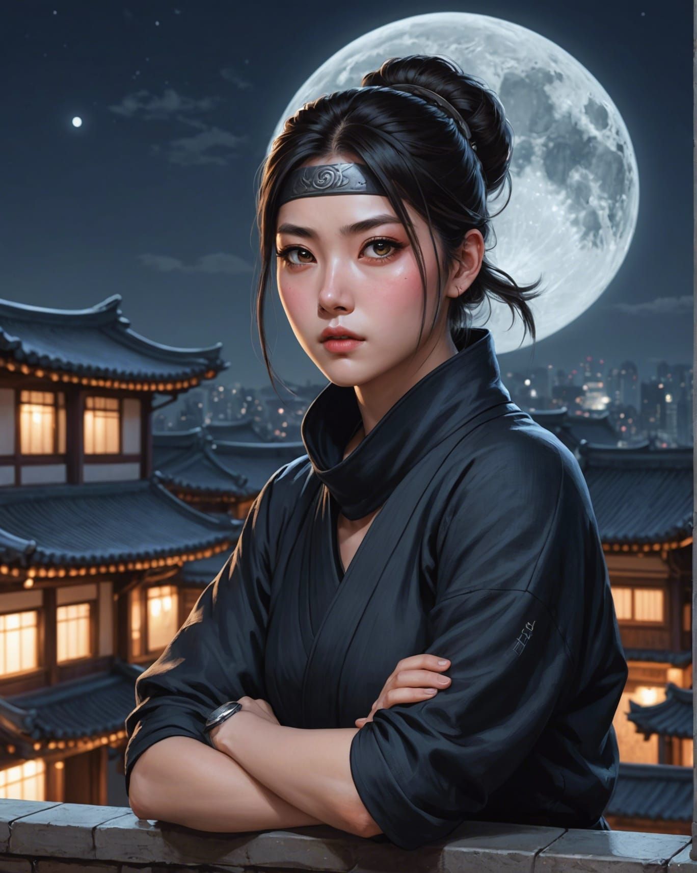 Ninja Woman Observing Deserted Street: Hyperdetailed Artgerm...