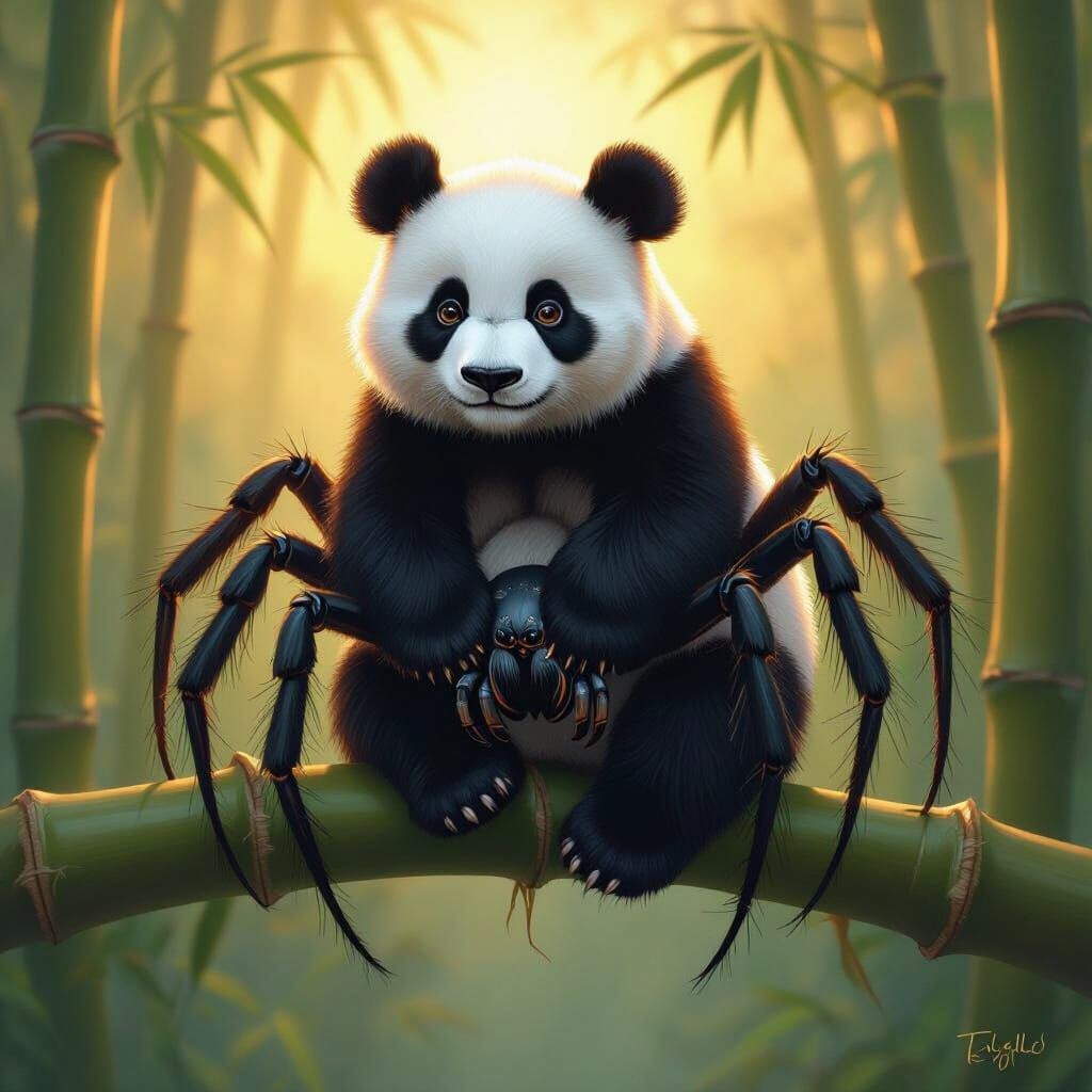 Whimsical Panda-Spider Hybrid Perched on Bamboo