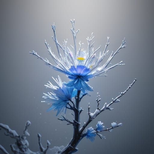 Ice Flowers on Frozen Branch in Dramatic Light