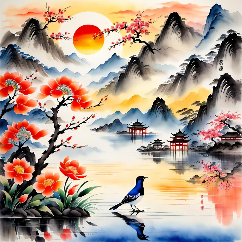 Sunrise Mountain Scene in Chinese Ink Style