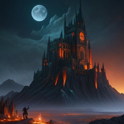Fantasy Creature on Ruined Castle at Night
