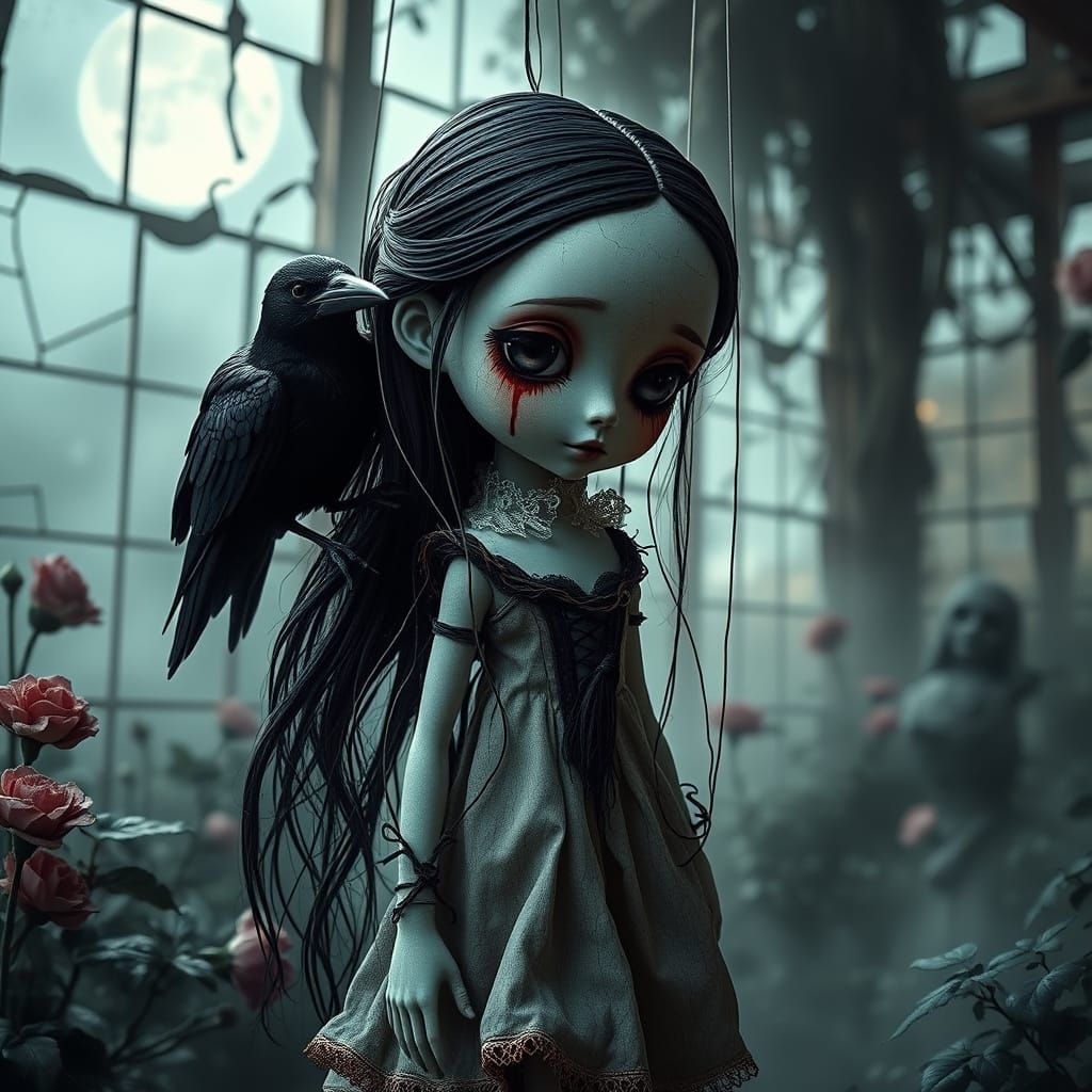 Gothic Chibi Doll in Victorian Gown, Surrounded by Decay