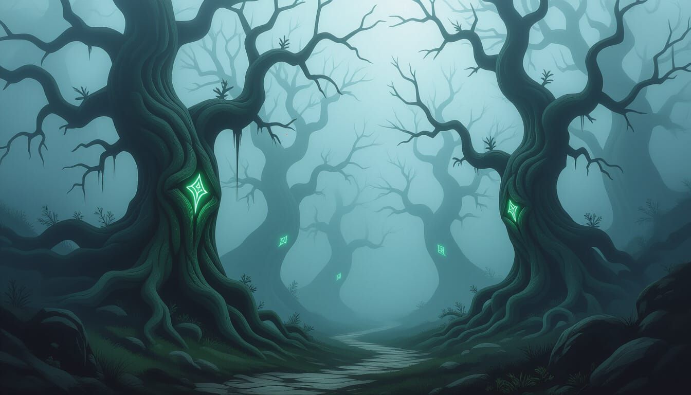 Dark Fantasy Forest with Glowing Runes