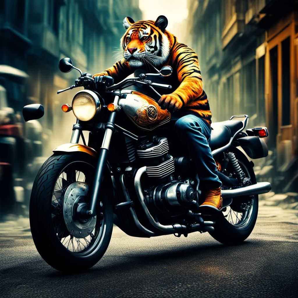 Hyperrealistic Tiger on Motorcycle in Cinematic Style