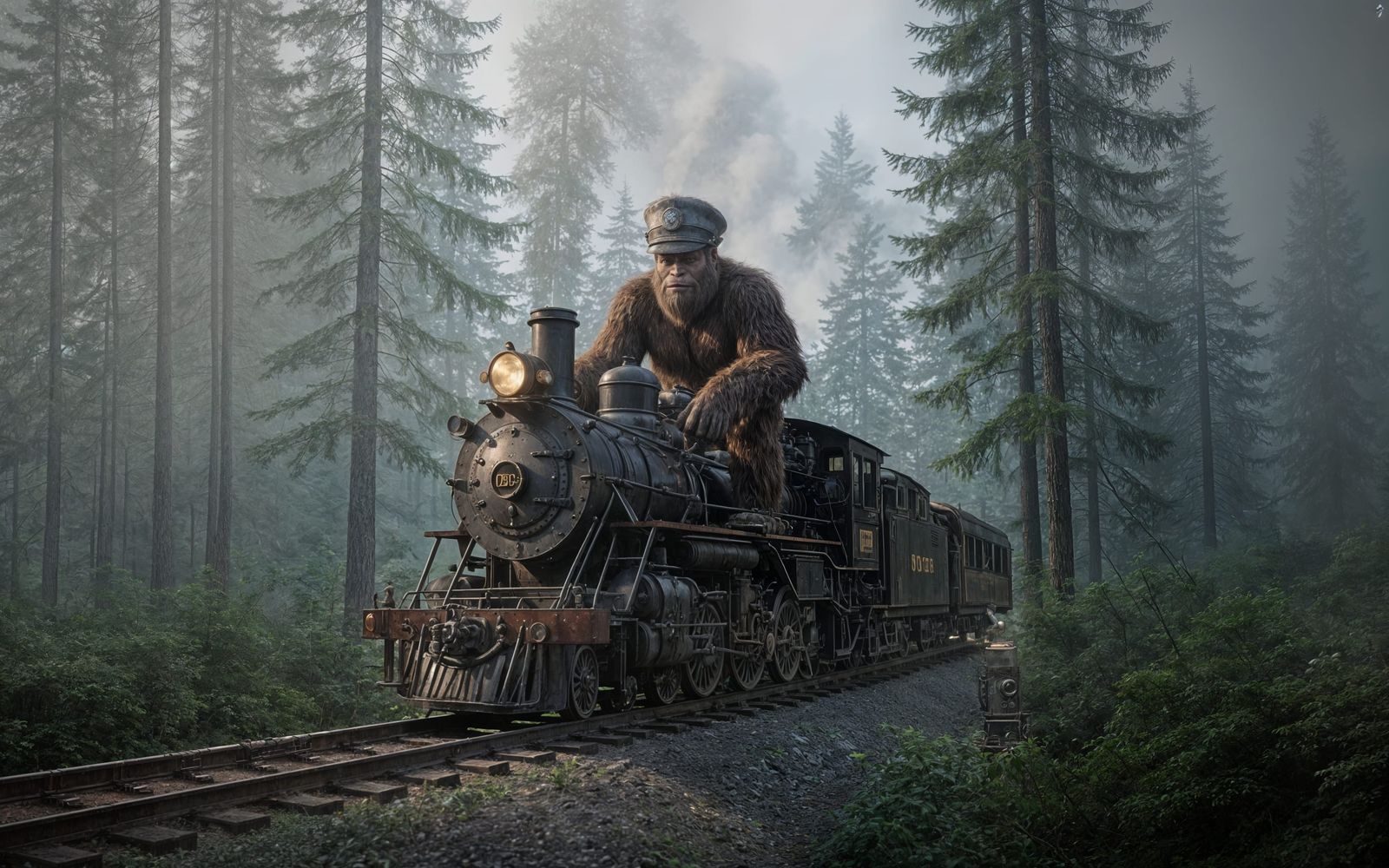 Photorealistic Sasquatch in Engineer Hat on Steam Train