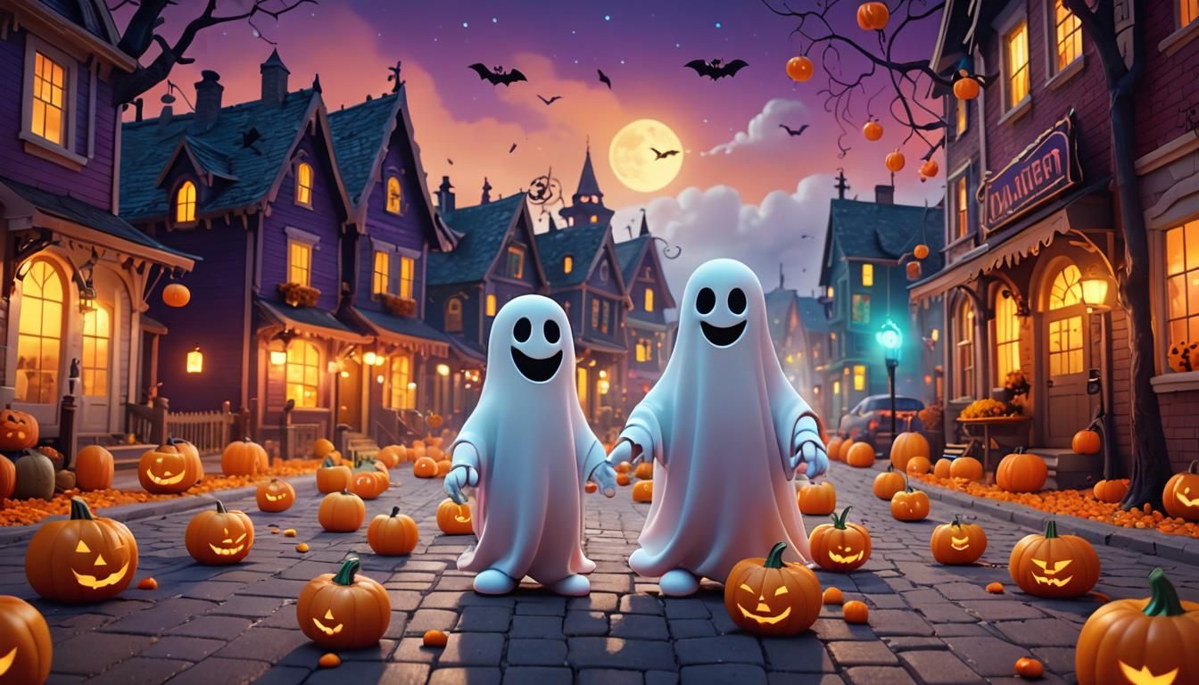 Cute Halloween Ghost Trick-or-Treating in Pixar Style