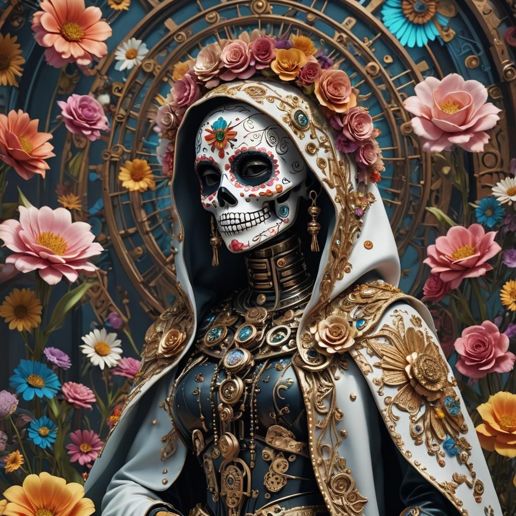 Steampunk Sugar Skull Virgen as Barbie, Oil Painting