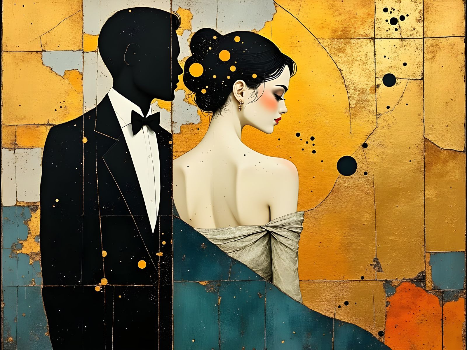 Elegant Woman in Tuxedo Encircled by Radiant Lyrical Abstrac...