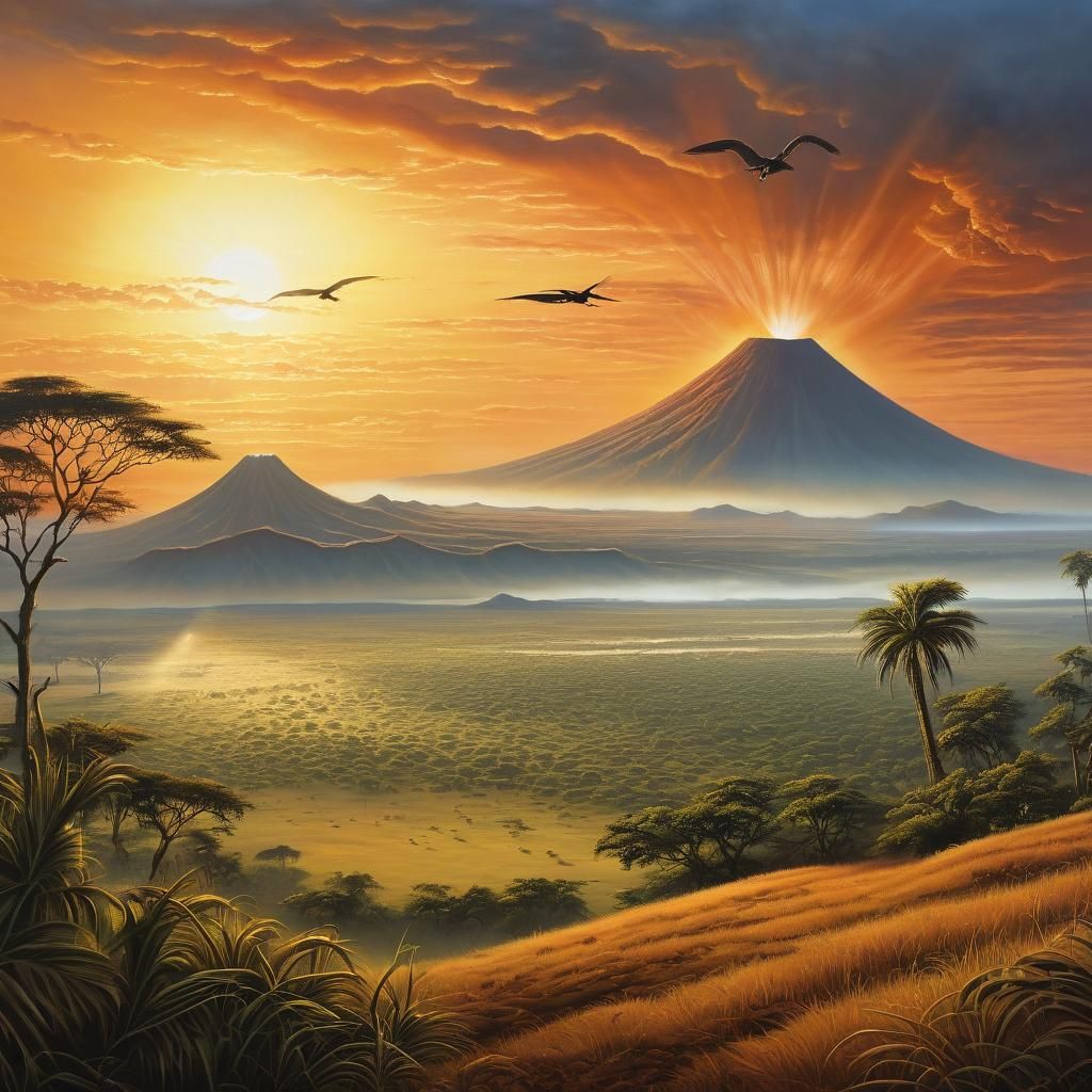 Savannah Volcano with Prehistoric Birds: Airbrush Painting
