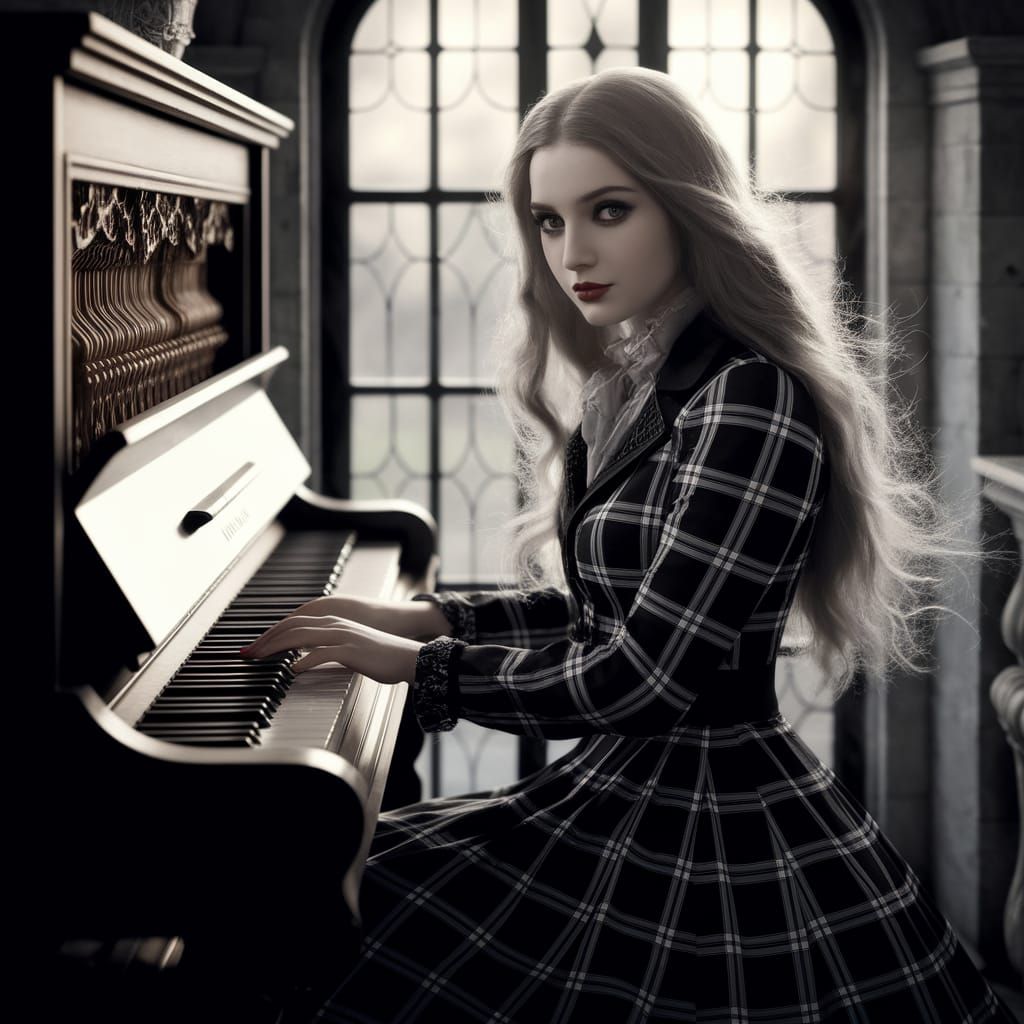 Gothic Beauty Plays Piano in Elegant Castle Balcony Setting