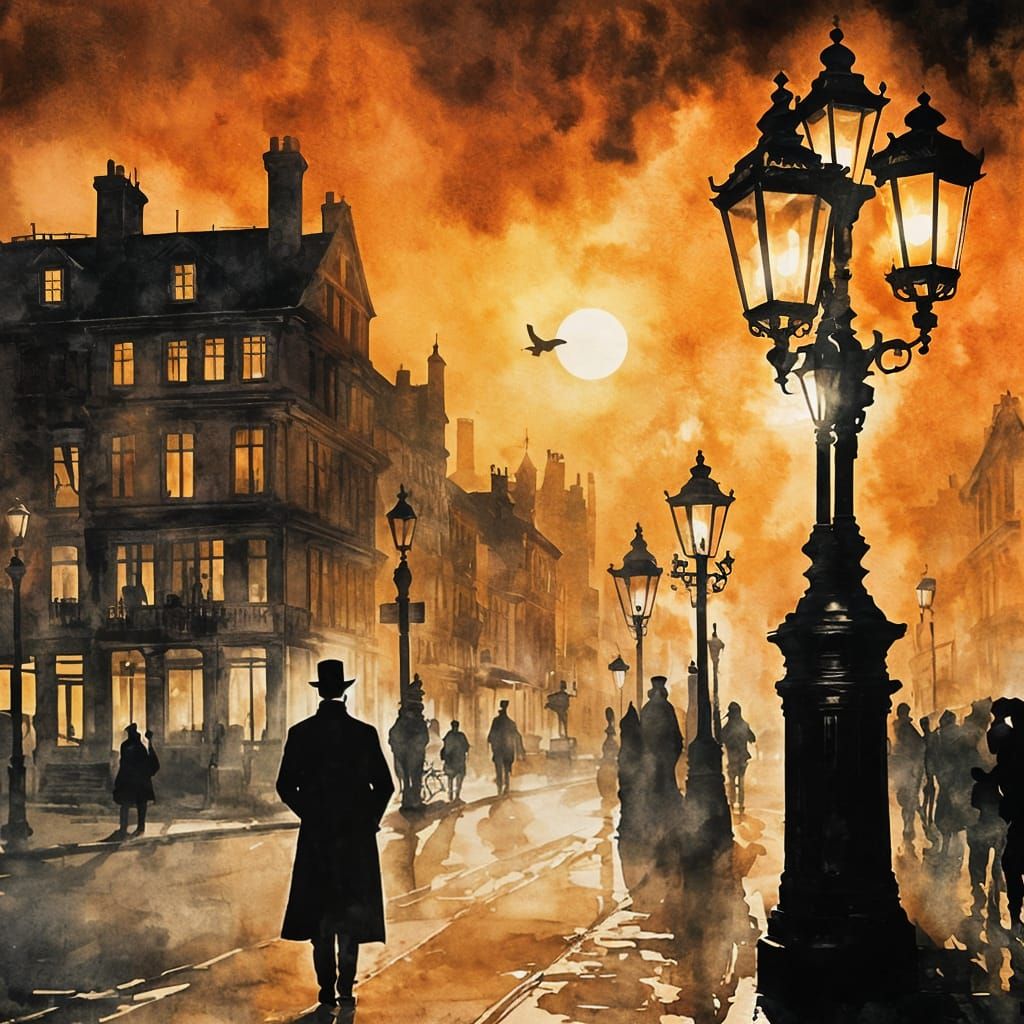 Sherlock Holmes Silhouette in Victorian London Watercolor
