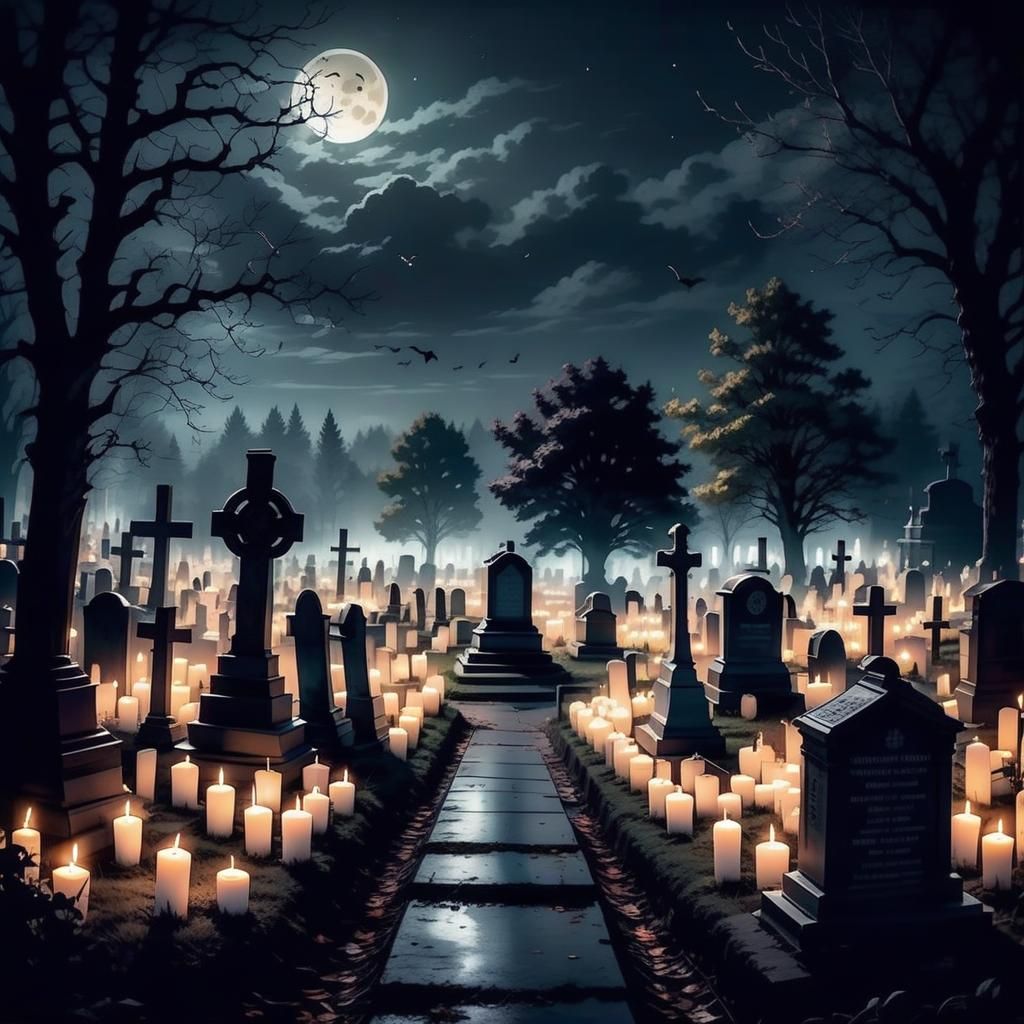 Candlelit Cemetery: A Hauntingly Beautiful Night Scene