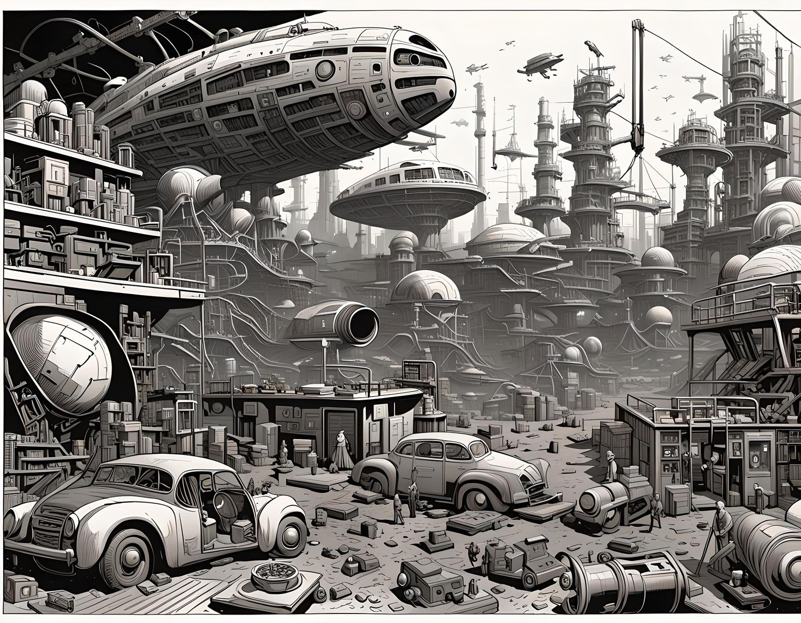 Science Fiction Recovery Yard in Mort Drucker Style