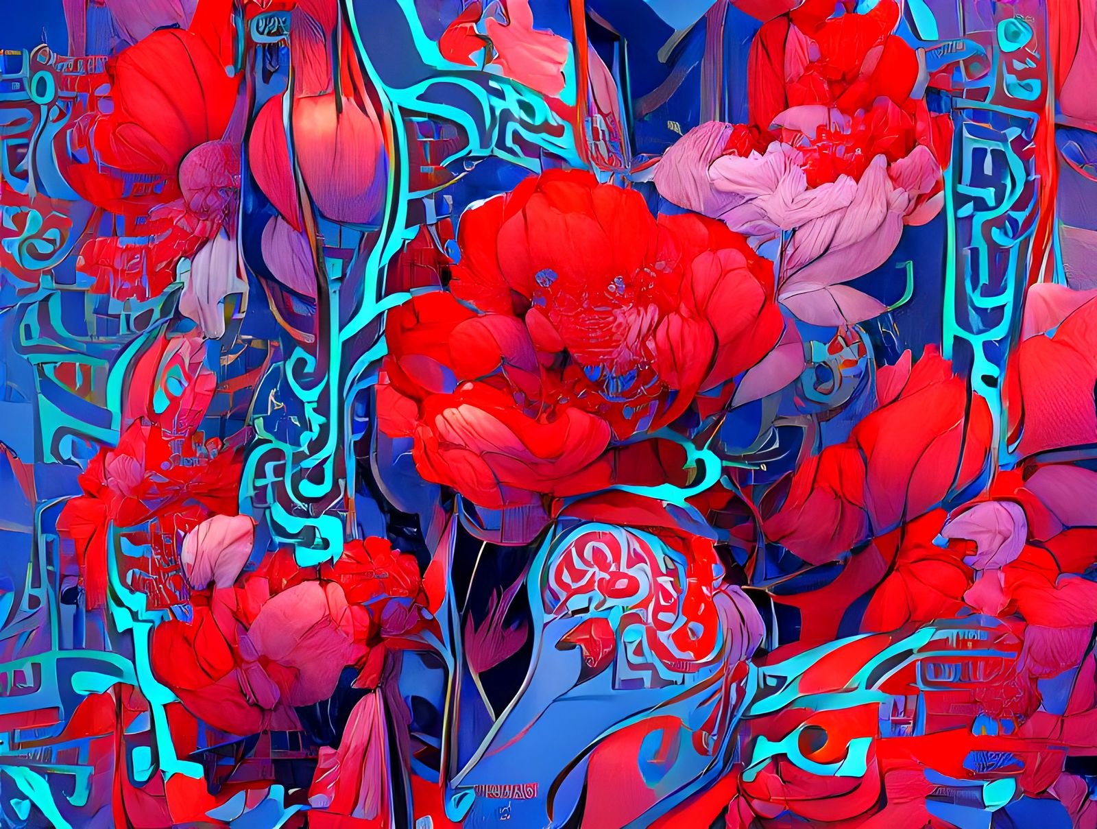 Cyberpunk Ukiyo-e Poster of Scarlet Banksia Flowers