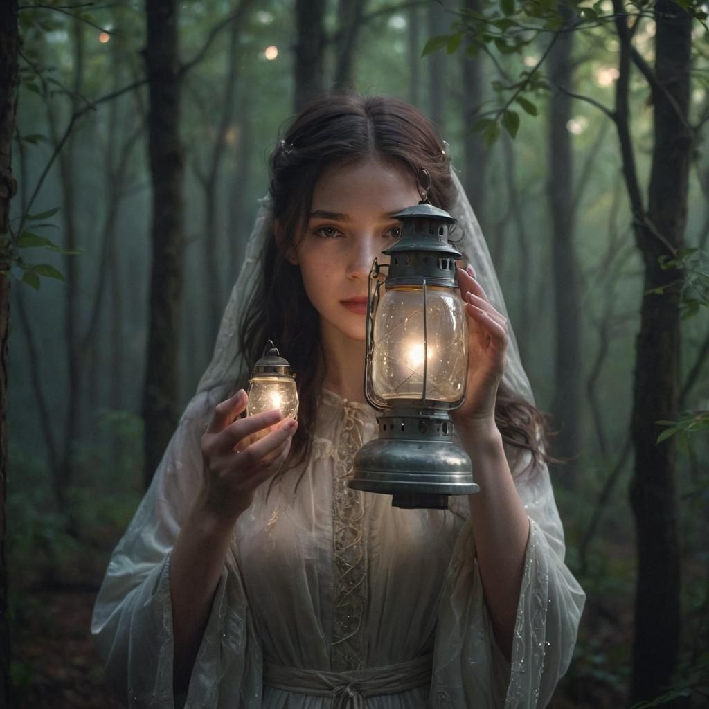 Mystical Forest Portrait with Lantern Light