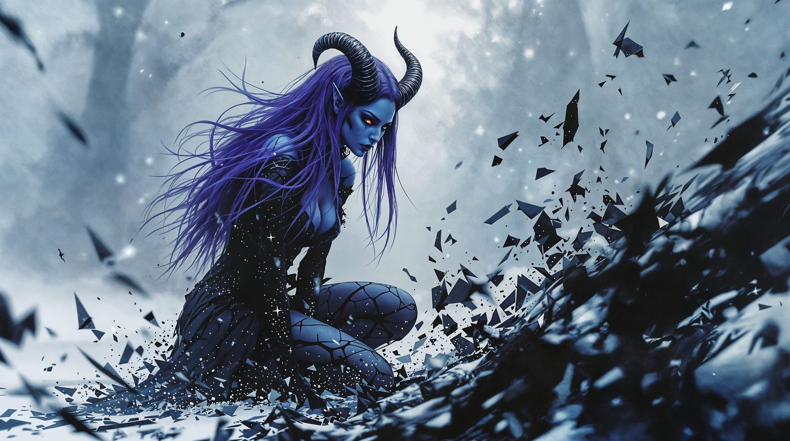 Noir Fantasy Tiefling in Glittering Snow