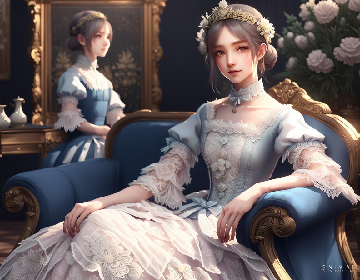 Elegant Anime Lady in Lace: 3D Art