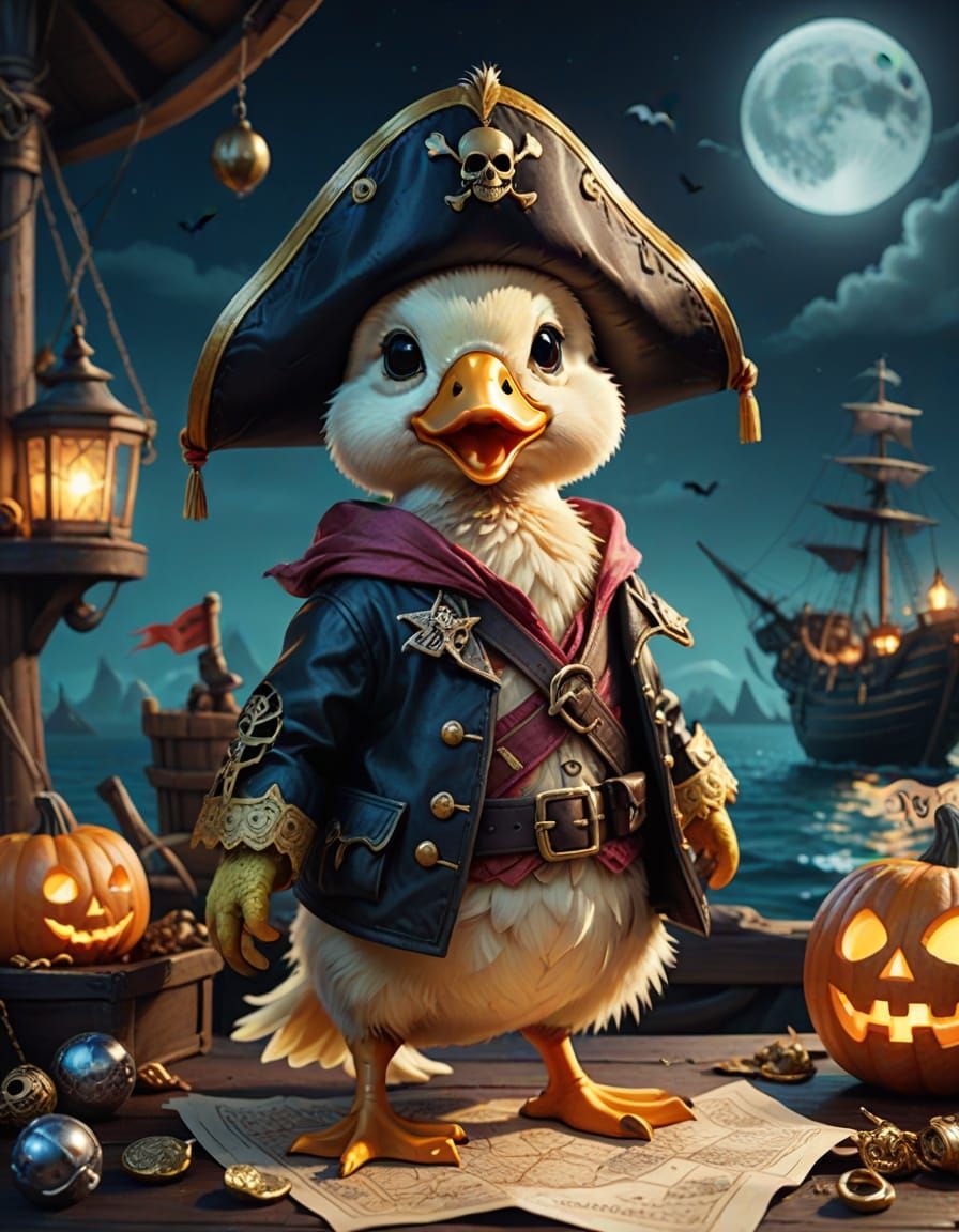 Fluffy Pirate Duckling with Treasure Map, Whimsical Horror S...