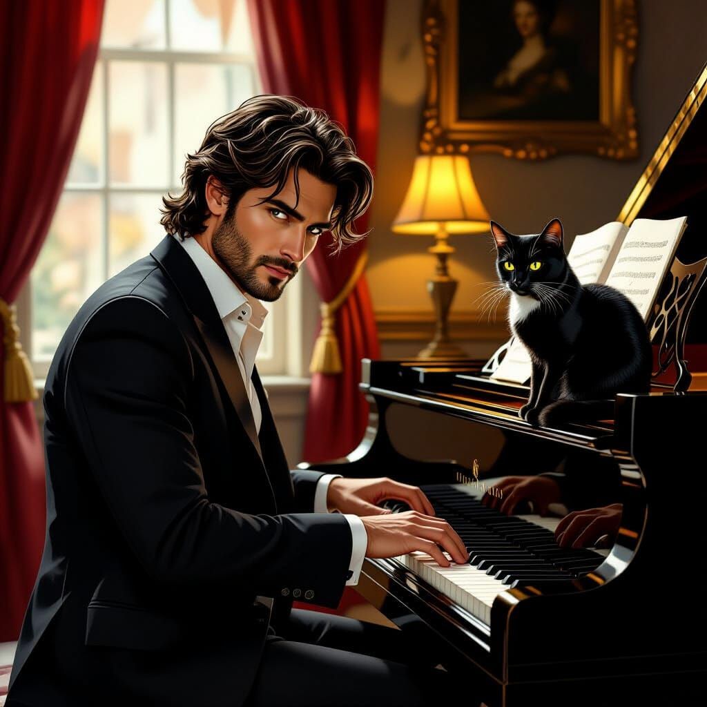 Man Playing Piano with Cat, Dutch Masters Style