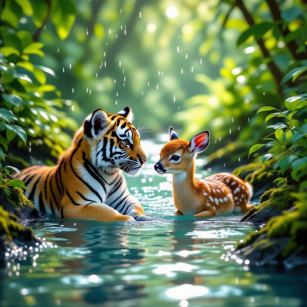 Tiger Cub and Deer Fawn Play in Jungle Stream