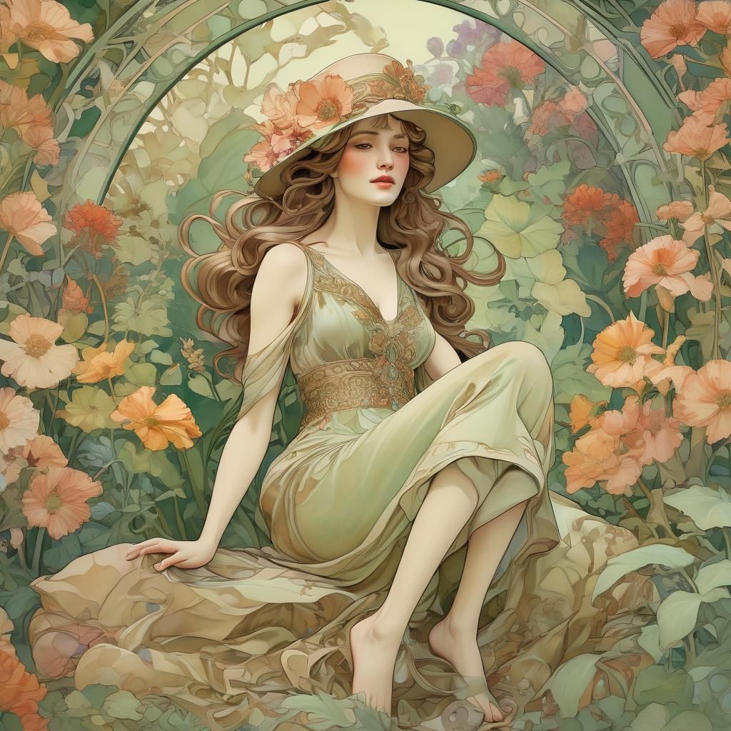 Art Nouveau Portrait of Woman in Floral Hat