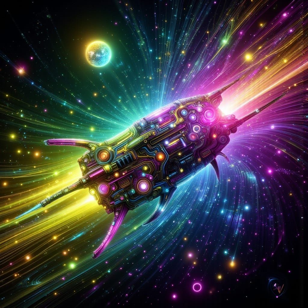 Technochromatic Spaceship in Motion with Neon Highlights