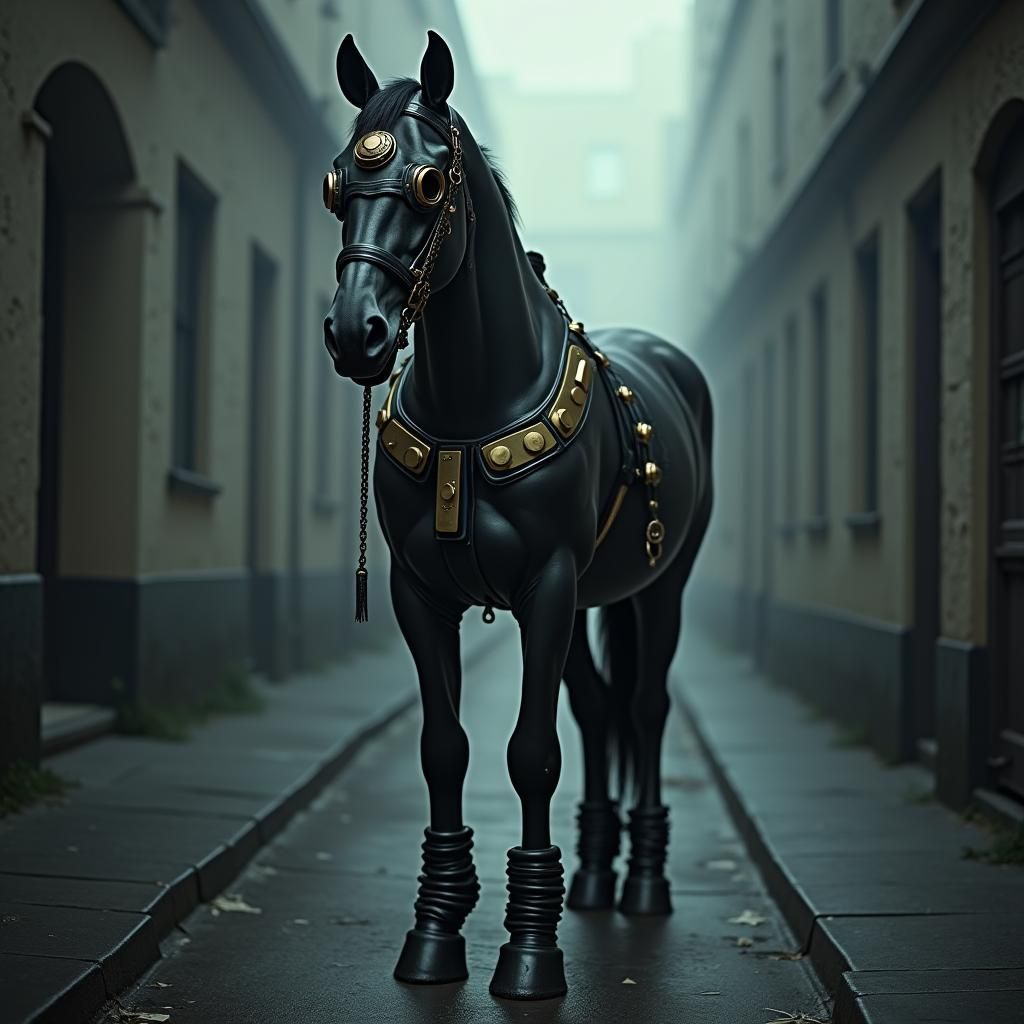 Horse in Dystopian Victorian Latex Harness