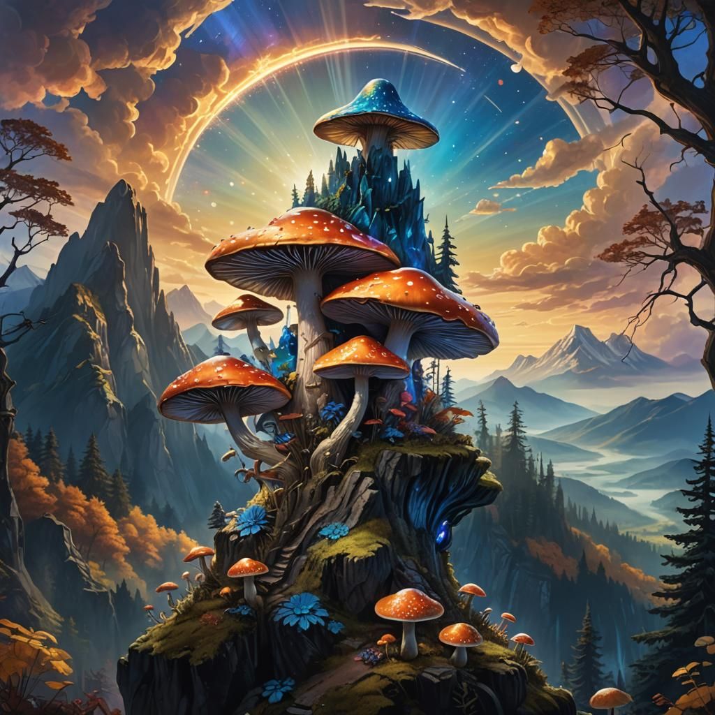 Majestic Mushroom on Mystical Mountain: Fantasy Concept Art