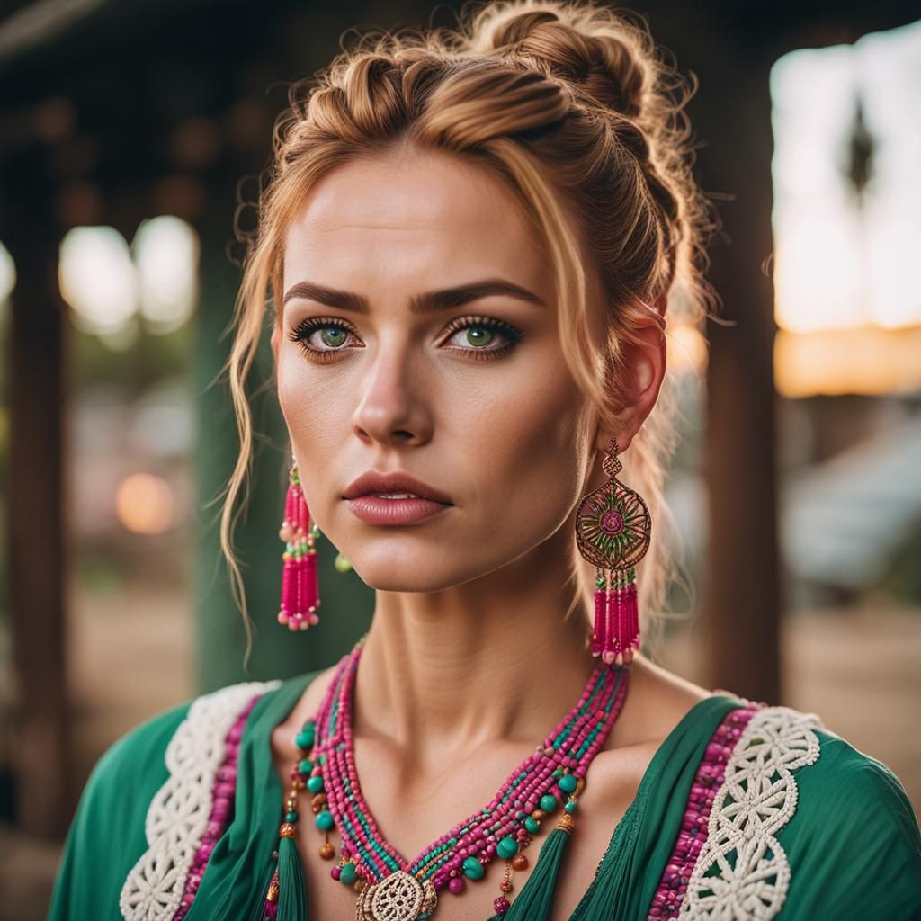 Pensive Girl Portrait with Macrame Jewelry