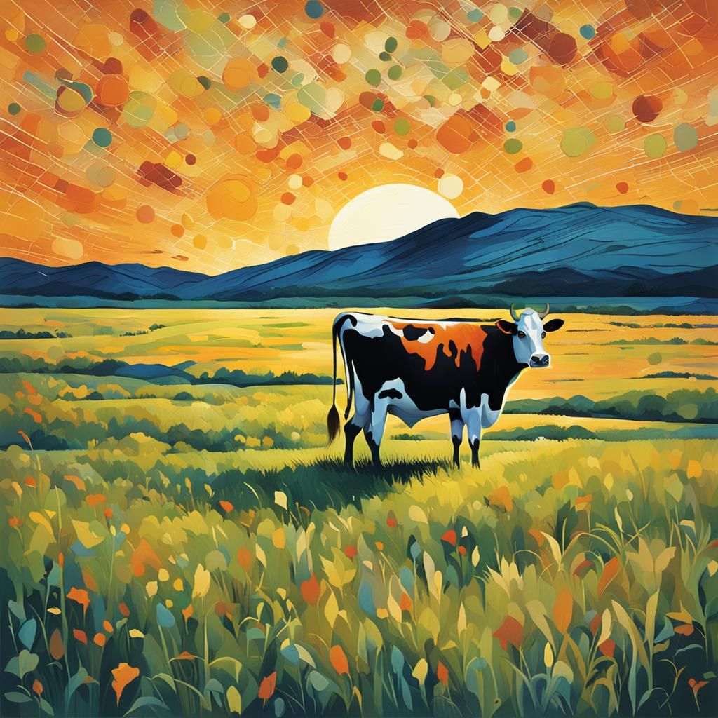 Cow Grazing on Prairie at Sunrise: Abstract Art