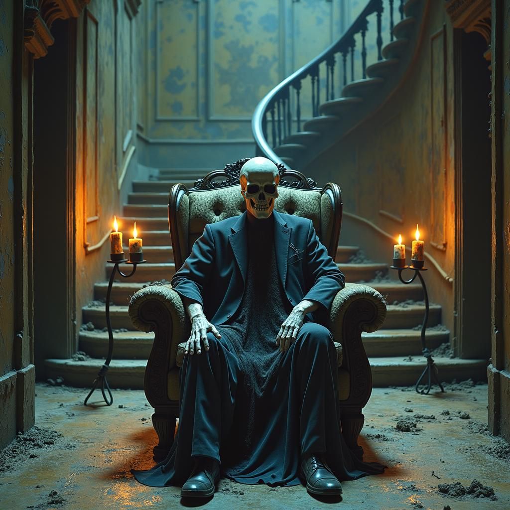 Eerie Glowing Skull in Ancient Mansion, Beksiński Style