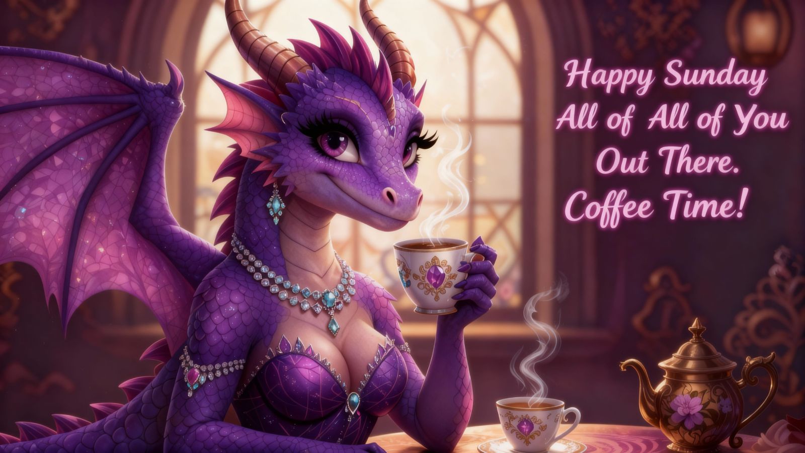 Purple Dragon Enjoys Coffee in Gem Dress