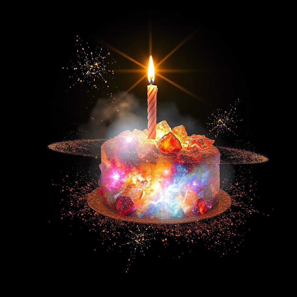 Nebula Birthday Cake in Space with Golden Sparks