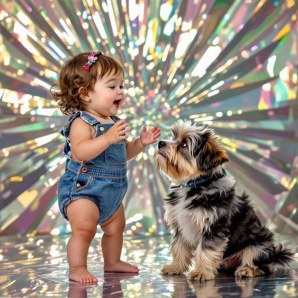 Toddler and Puppy Chat in Whimsical Digital Art