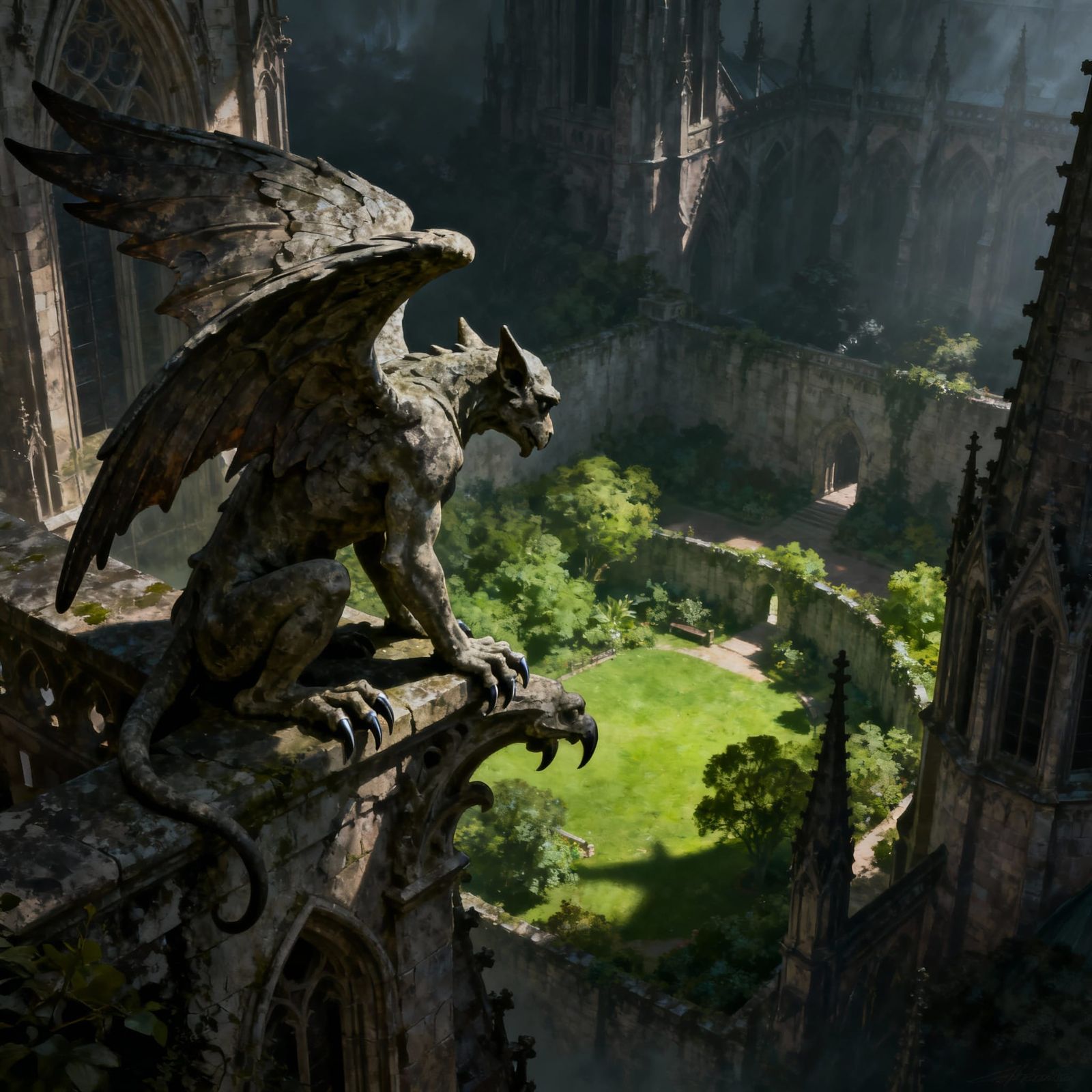 Gothic Gargoyle Overlooks Serene Park in Dark Fantasy Style