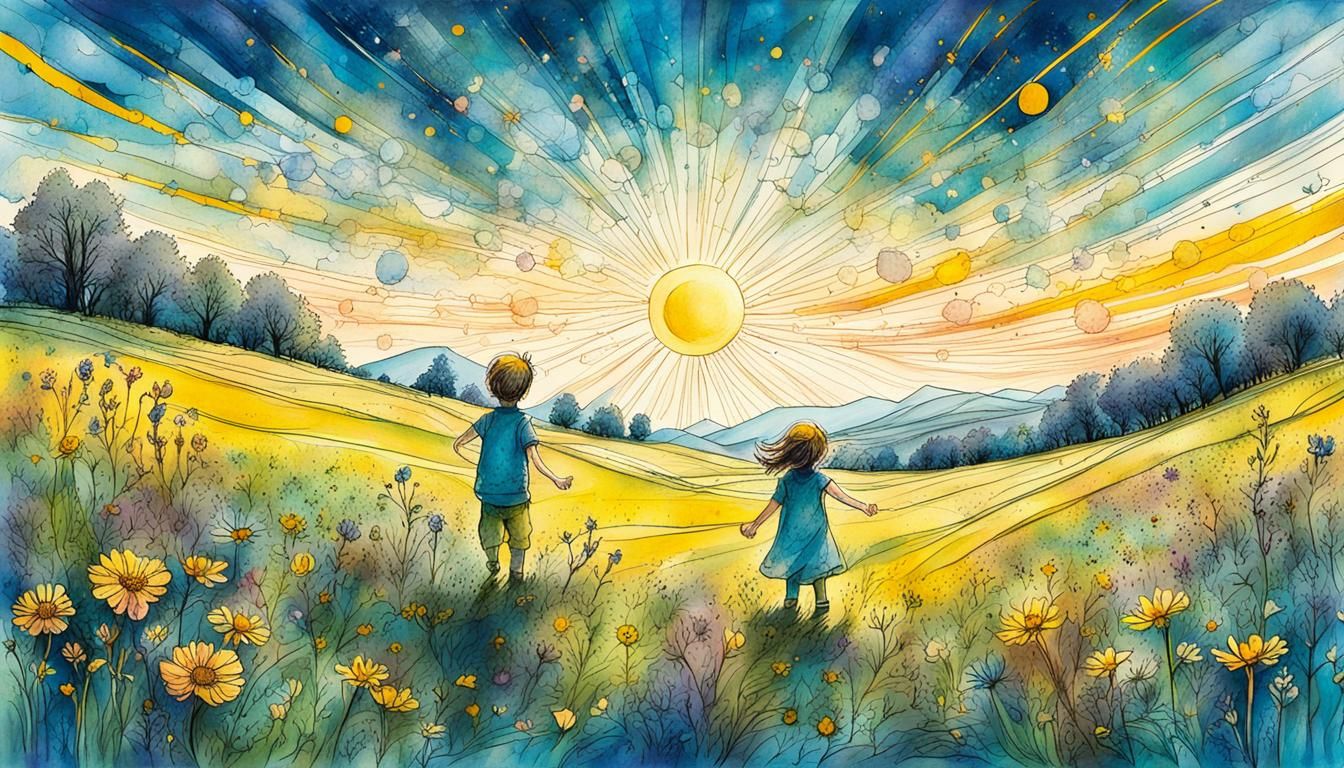 Children in Summer Meadow: Cosmic Mixed Media Illustration