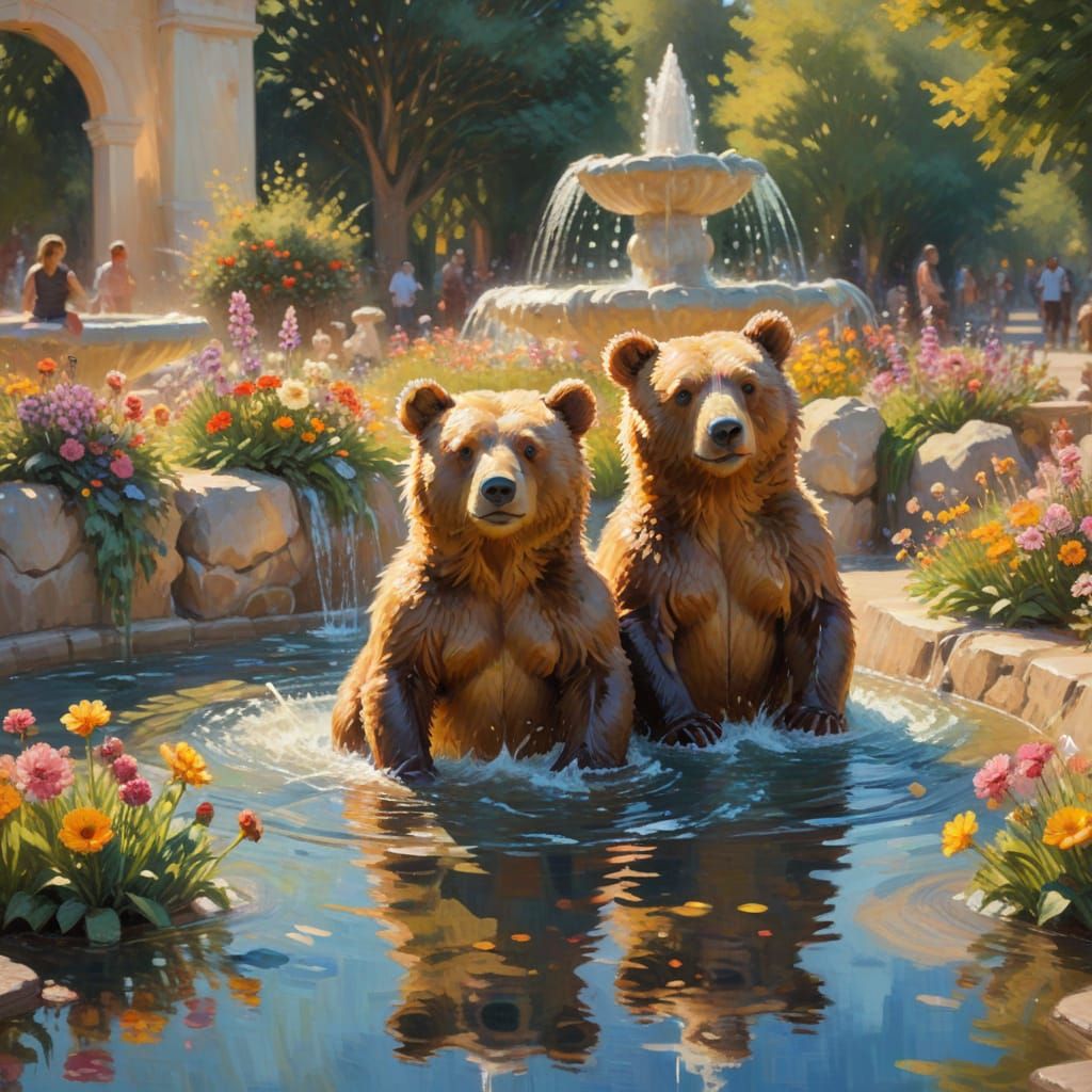 Bears Swimming in Fountain as Impressionist Painting