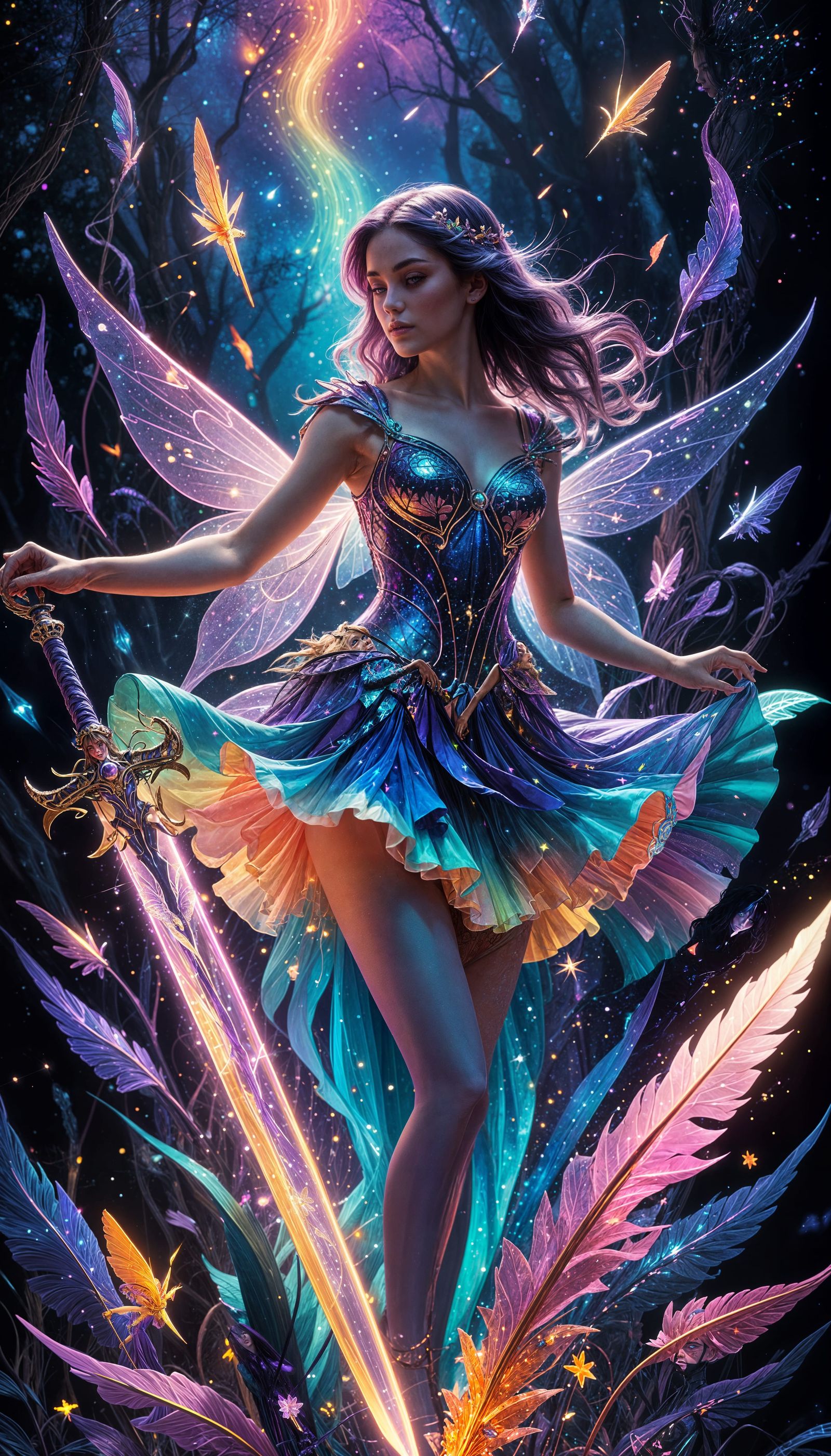 Fairy Warrior with Enchanted Sword in Neon Night Sky
