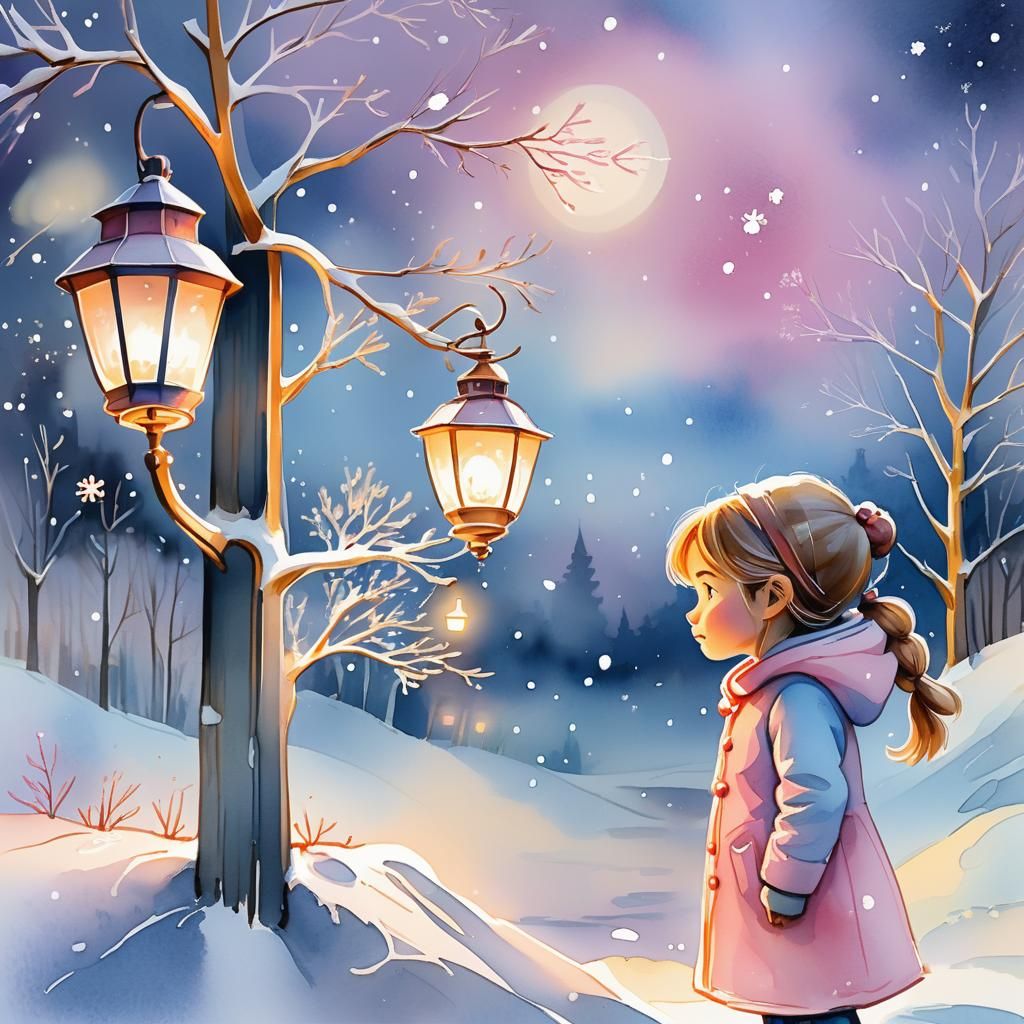 Girl with Lantern in Snowy Watercolor Landscape