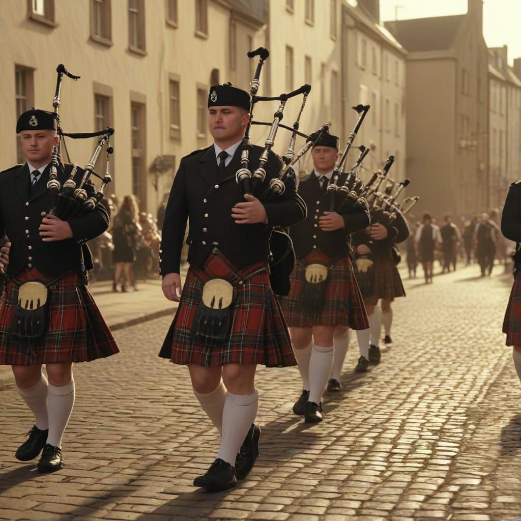 Military Bagpipe Band in Tartan Kilts Marching