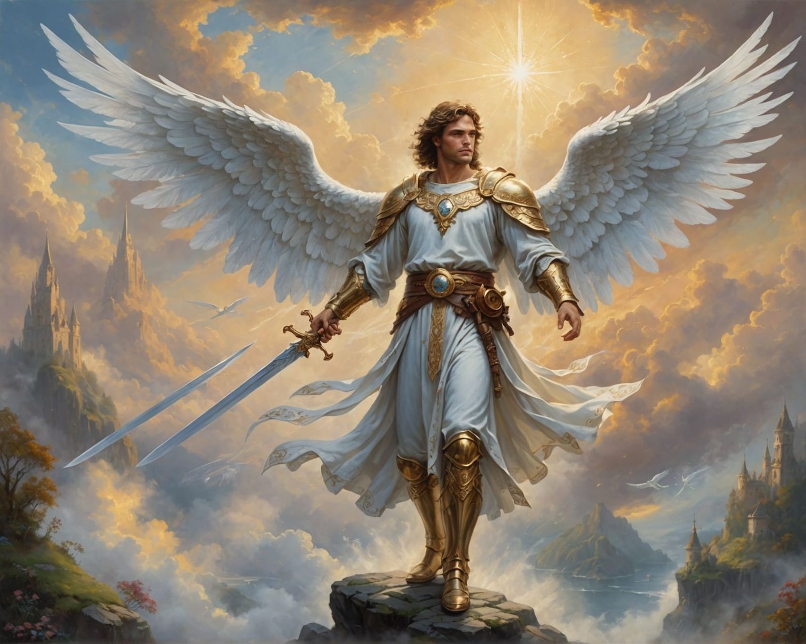 Majestic Angel with Sword, Oil Painting Style