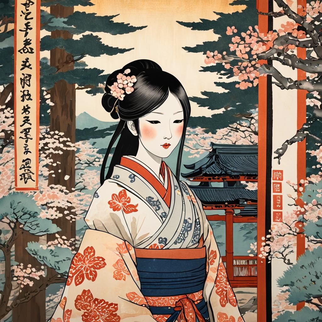 Miko at Shrine in Ukiyo-e Style