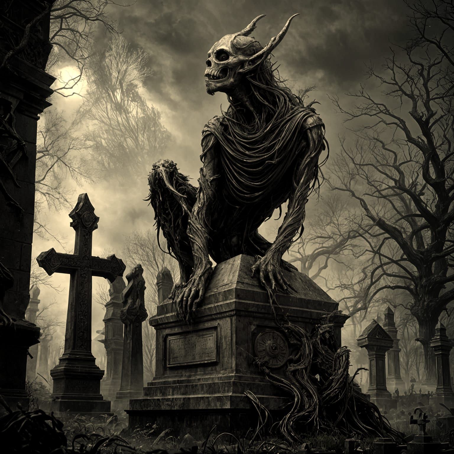 Dark Fantasy Creature in Cemetery on a Stormy Night