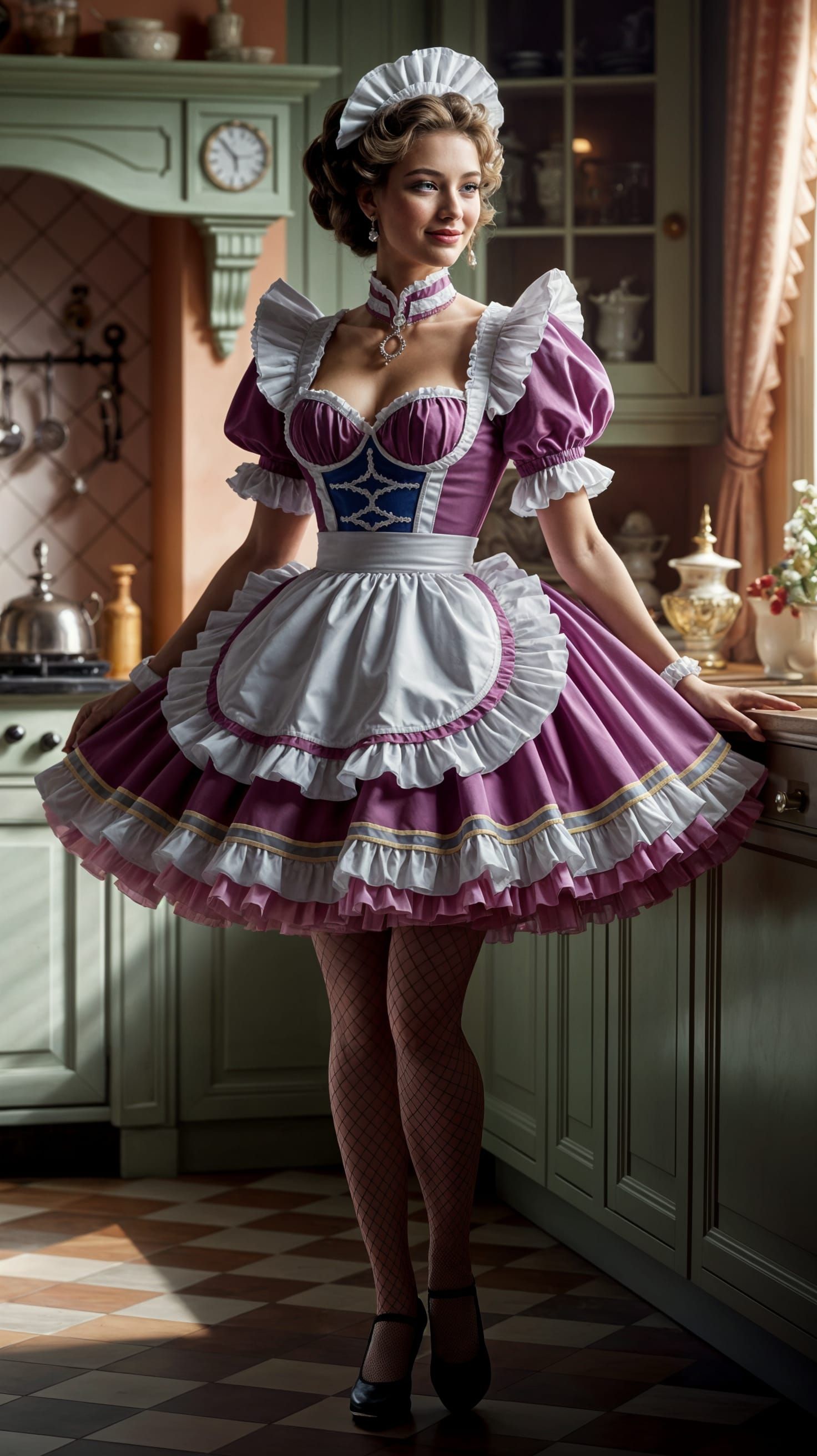 Elegant French Maid in a Warm Kitchen Setting