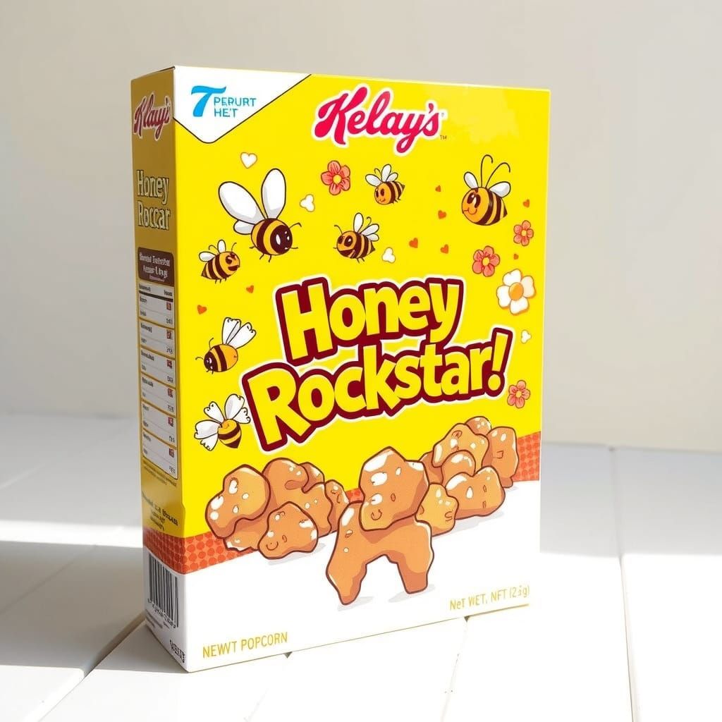 Honey Rockstar Cereal Box Design with Bees and Popcorn