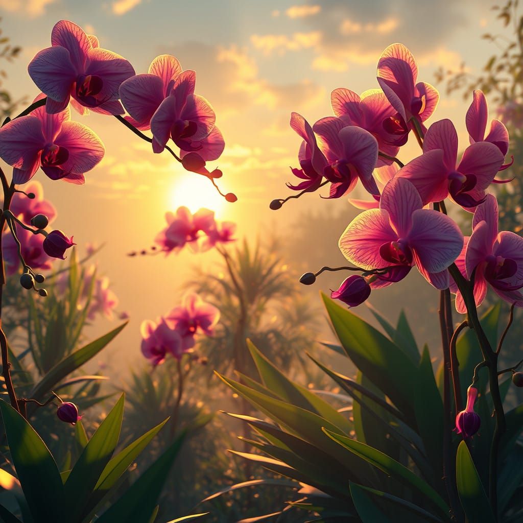 Vibrant Orchid Landscape at Sunrise in Realistic 3D