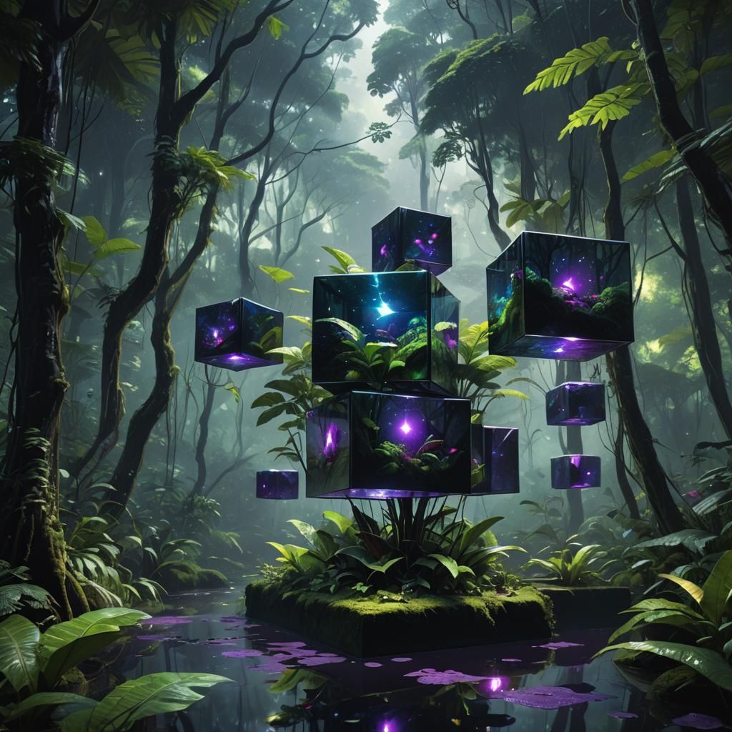 Reflective Cube in Rainforest, Hyper-Realistic Fantasy Art